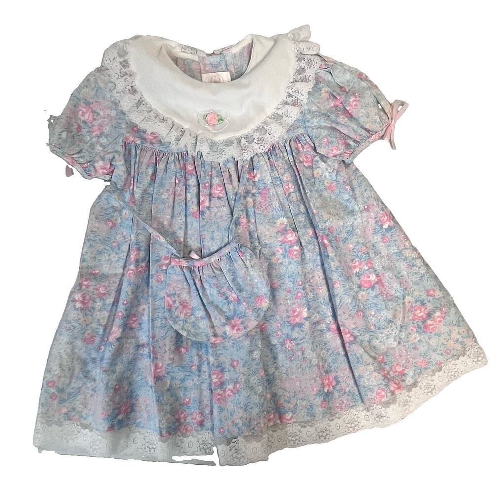 Vintage Hugs & Kisses Girl's Dress & Purse Set size 4 Blue Pink Floral Lace Bows
